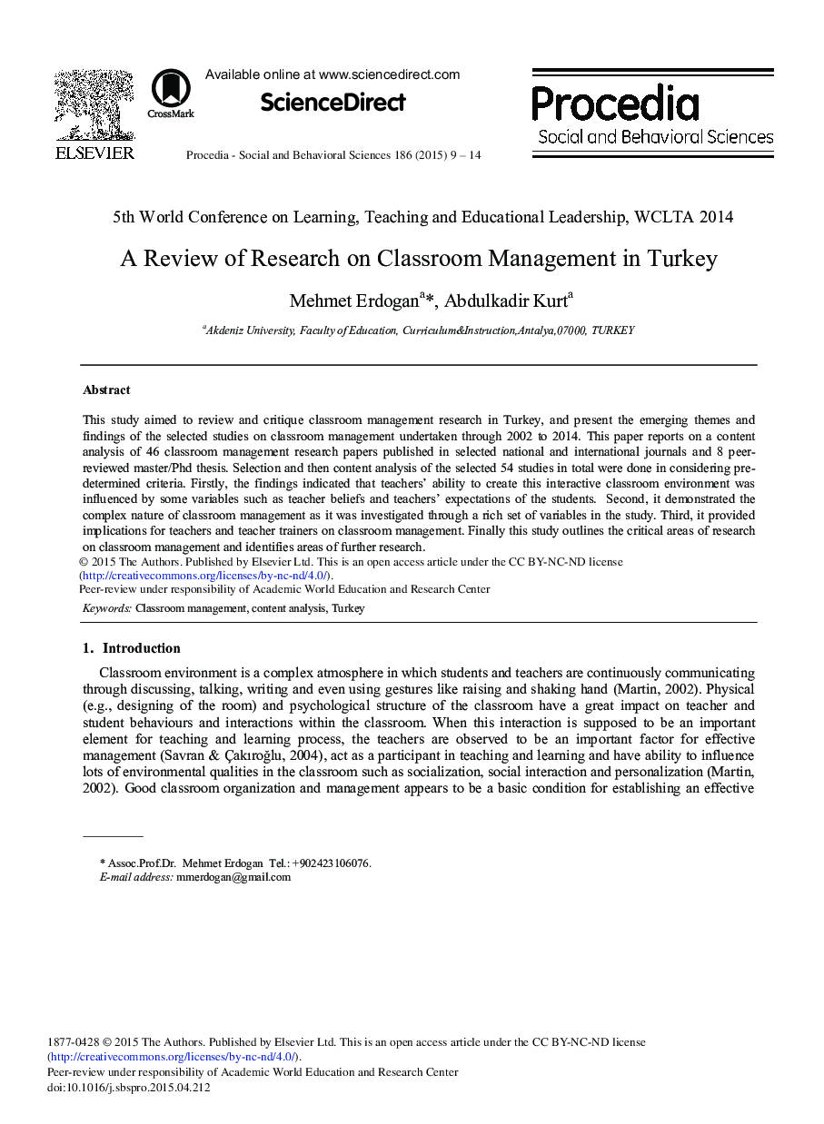 A Review of Research on Classroom Management in Turkey 