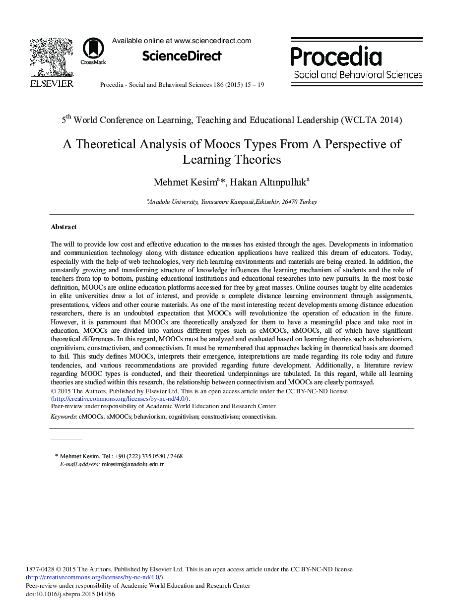 A Theoretical Analysis of Moocs Types from a Perspective of Learning Theories 