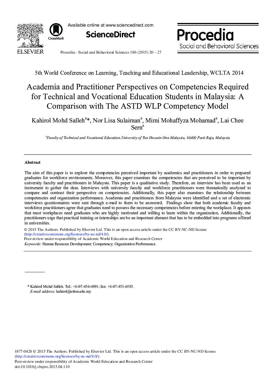 Academia and Practitioner Perspectives on Competencies Required for Technical and Vocational Education Students in Malaysia: A Comparison with The ASTD WLP Competency Model 
