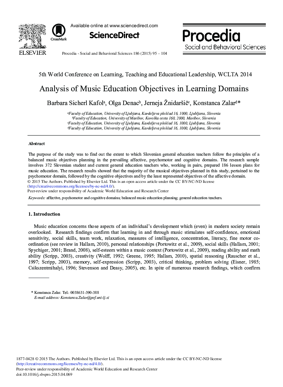 Analysis of Music Education Objectives in Learning Domains 