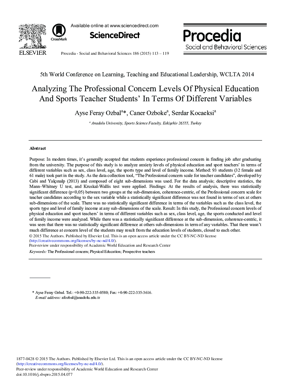 Analyzing the Professional Concern Levels of Physical Education and Sports Teacher Students’ in Terms of Different Variables 