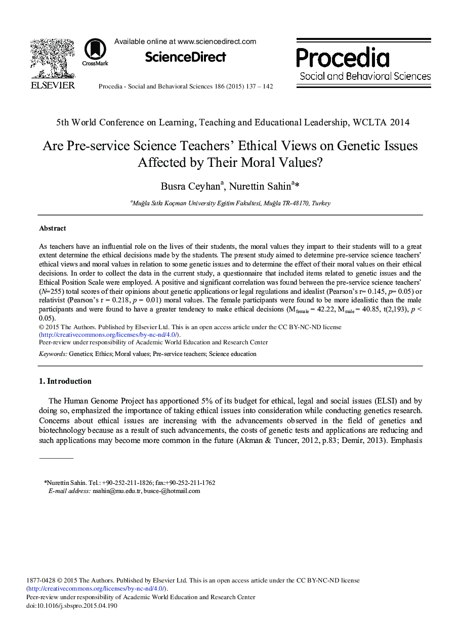 Are Pre-service Science Teachers’ Ethical Views on Genetic Issues Affected by their Moral Values? 