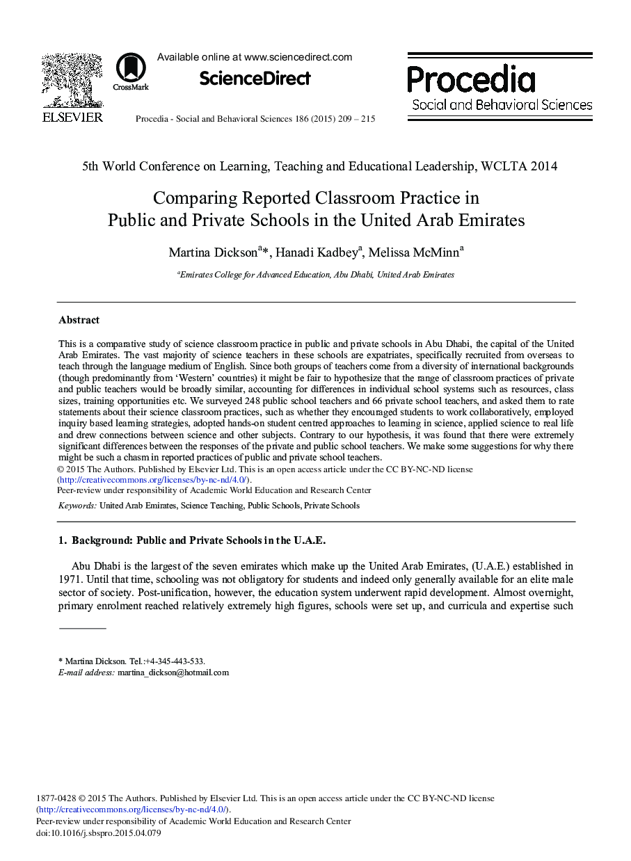 Comparing Reported Classroom Practice in Public and Private Schools in the United Arab Emirates 