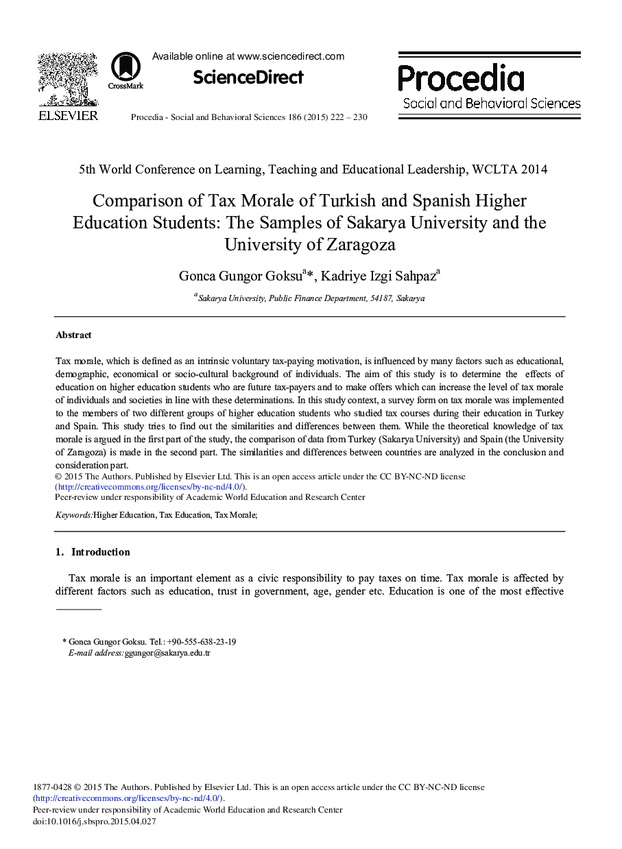 Comparison of Tax Morale of Turkish and Spanish Higher Education Students: The Samples of Sakarya University and the University of Zaragoza 