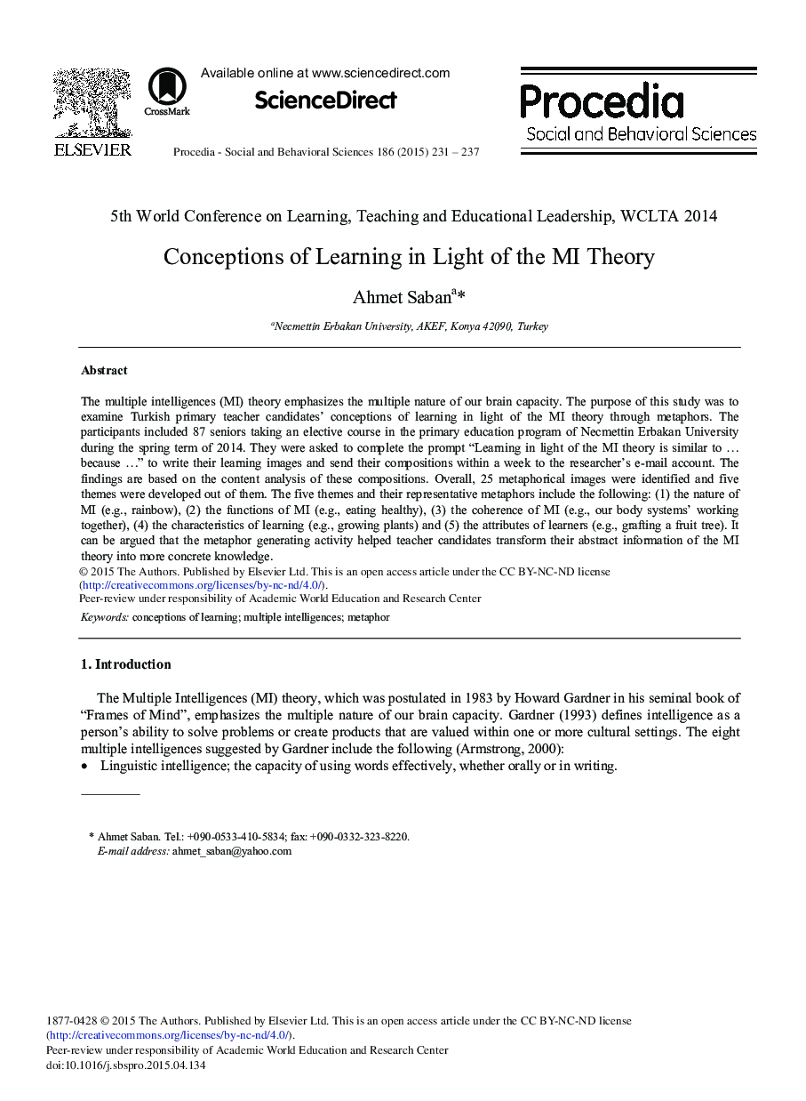 Conceptions of Learning in Light of the MI Theory 