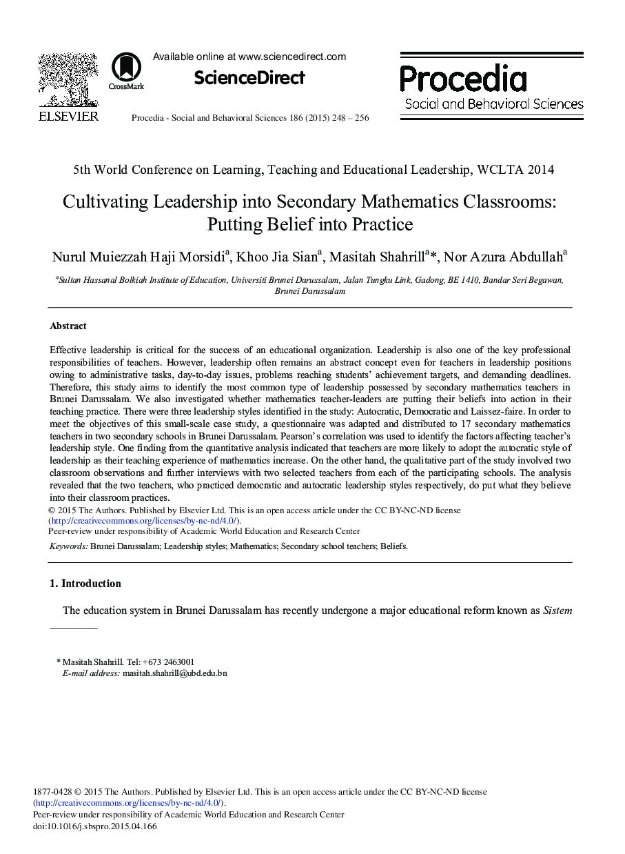 Cultivating Leadership into Secondary Mathematics Classrooms: Putting Belief into Practice 