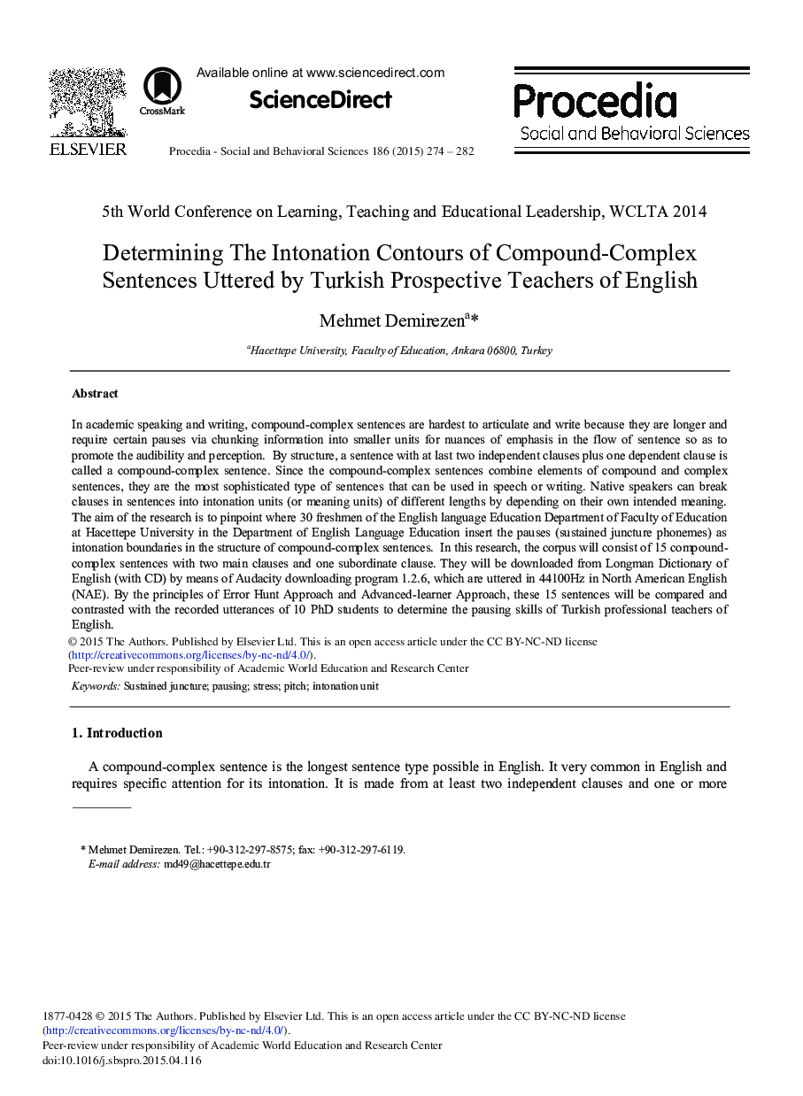 Determining the Intonation Contours of Compound-Complex Sentences Uttered by Turkish Prospective Teachers of English