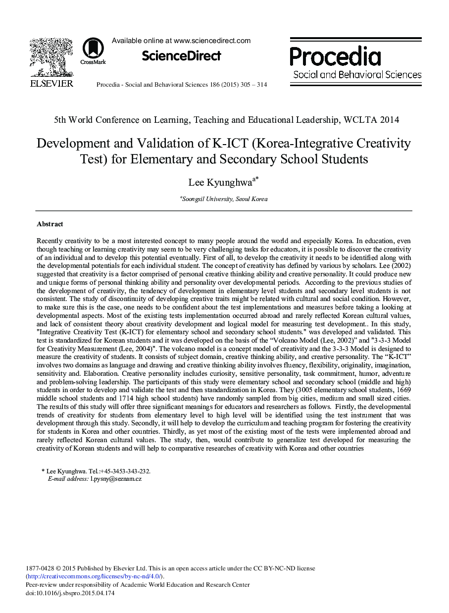 Development and Validation of K-ICT (Korea-Integrative Creativity Test) for Elementary and Secondary School Students 