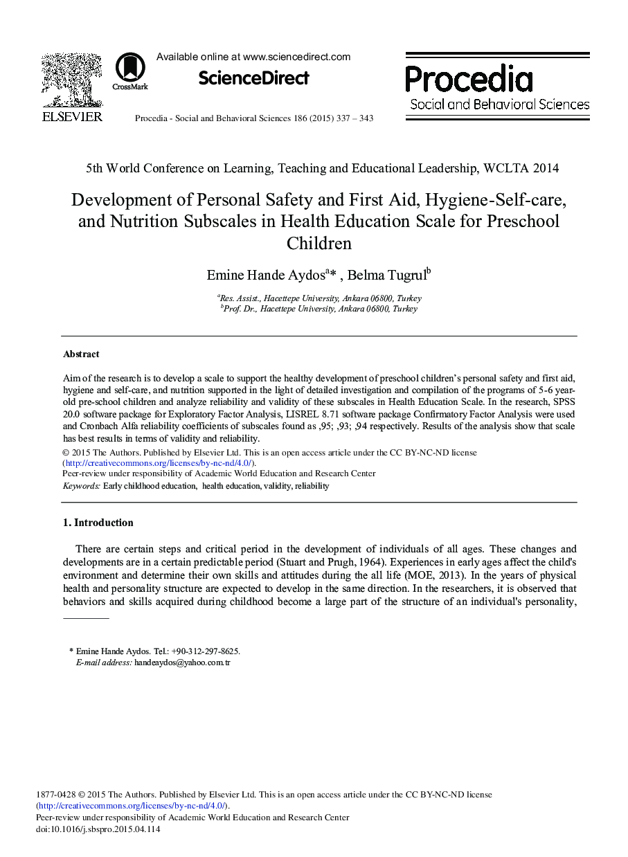 Development of Personal Safety and First Aid, Hygiene-Self-care, and Nutrition Subscales in Health Education Scale for Preschool Children 