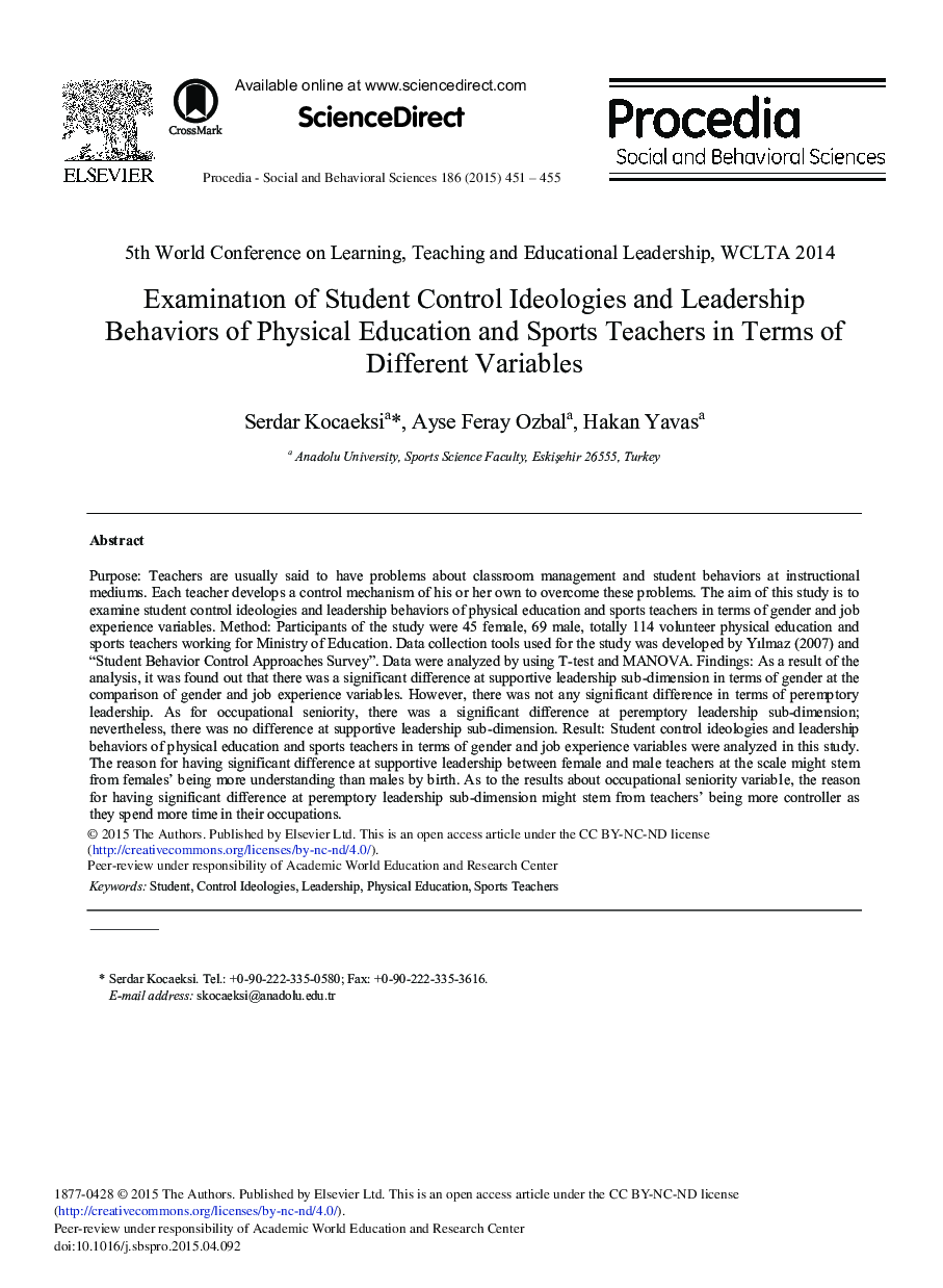 Examinatıon of Student Control Ideologies and Leadership Behaviors of Physical Education and Sports Teachers in Terms of Different Variables 