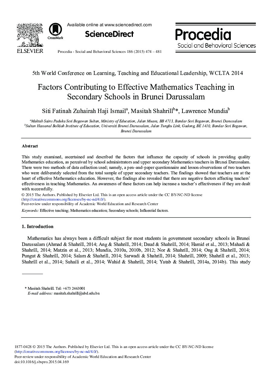 عوامل موثر در آموزش ریاضی موثر در مدارس متوسطه در برونئی دارالسلام؟ 