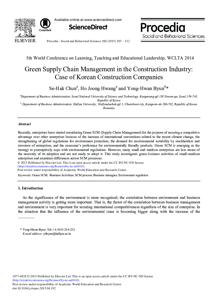 Green Supply Chain Management in the Construction Industry: Case of Korean Construction Companies 