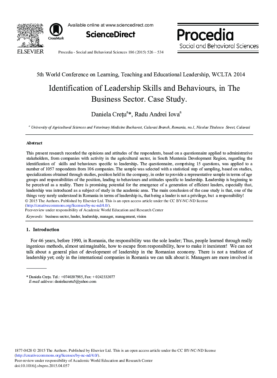 Identification of Leadership Skills and Behaviours, in the Business Sector. Case Study