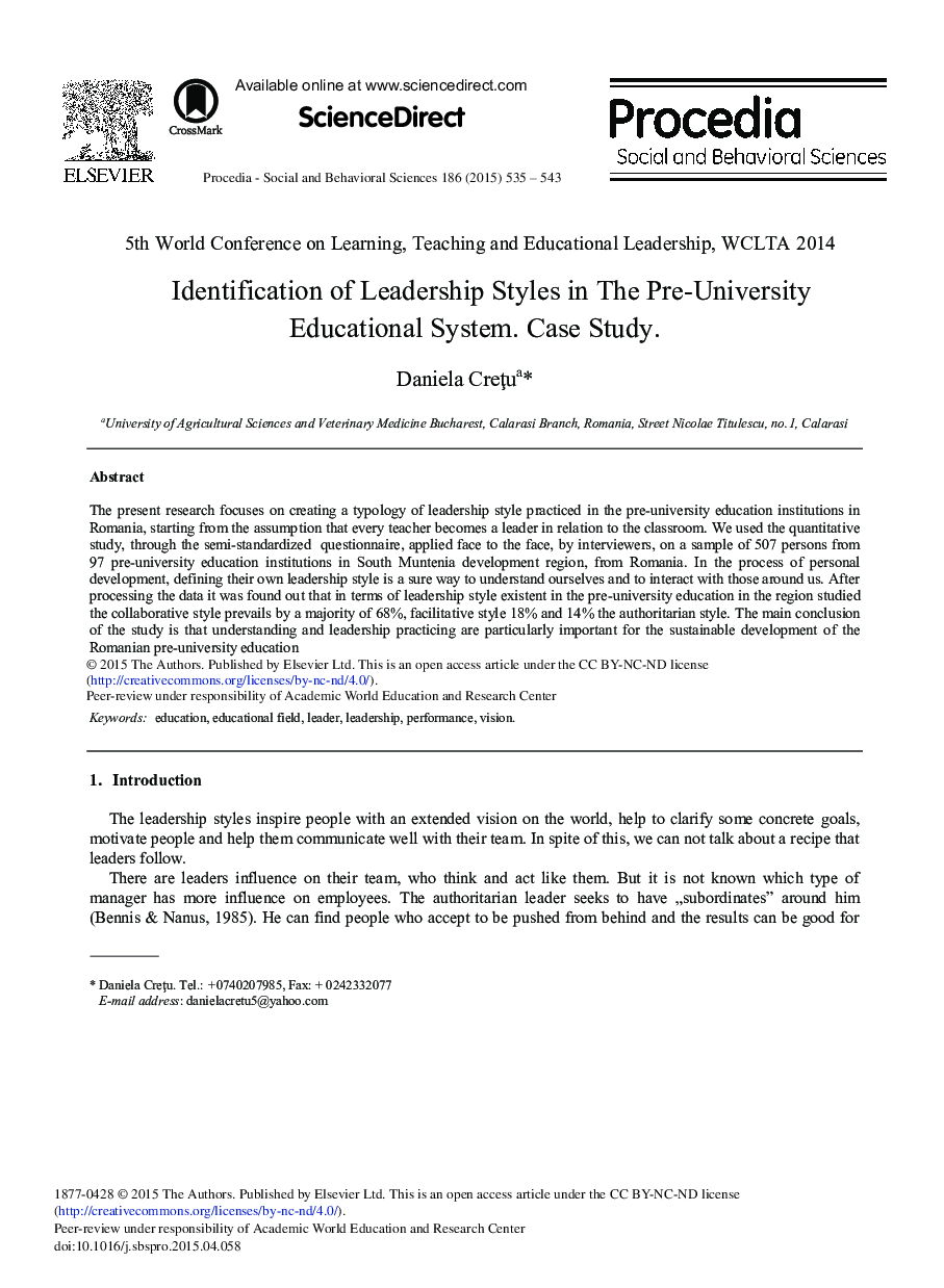 Identification of Leadership Styles in The Pre-University Educational System. Case Study 