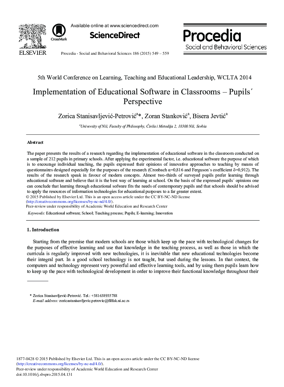 Implementation of Educational Software in Classrooms–Pupilś Perspective 