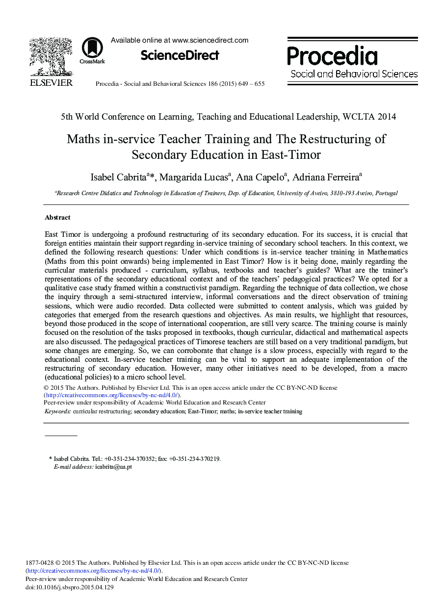 Maths in-service Teacher Training and the Restructuring of Secondary Education in East-Timor 