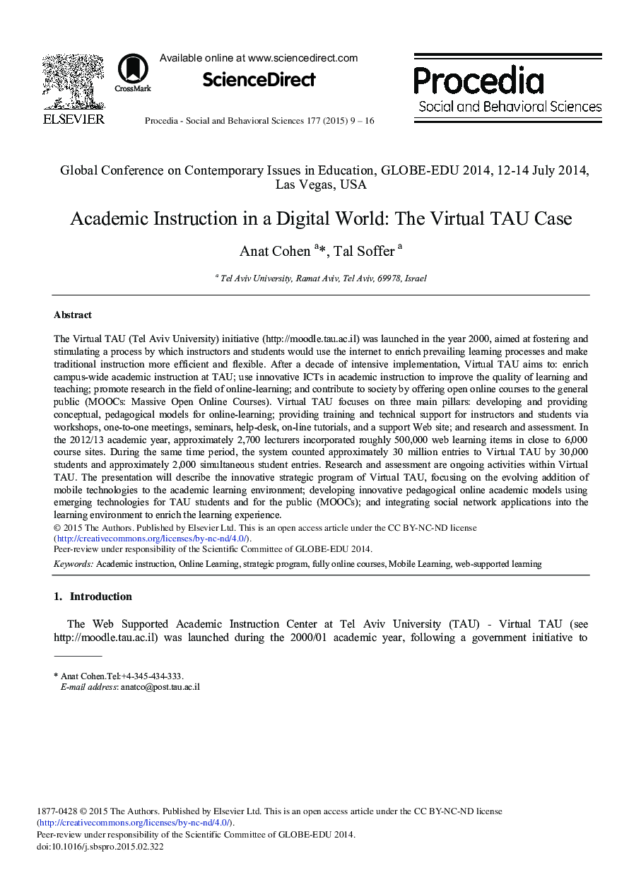 Academic Instruction in a Digital World: The Virtual TAU Case 