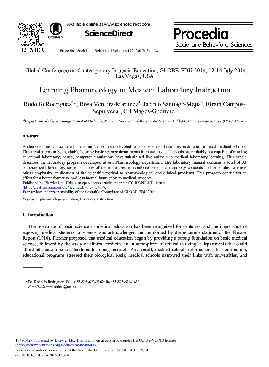 Learning Pharmacology in Mexico: Laboratory Instruction 