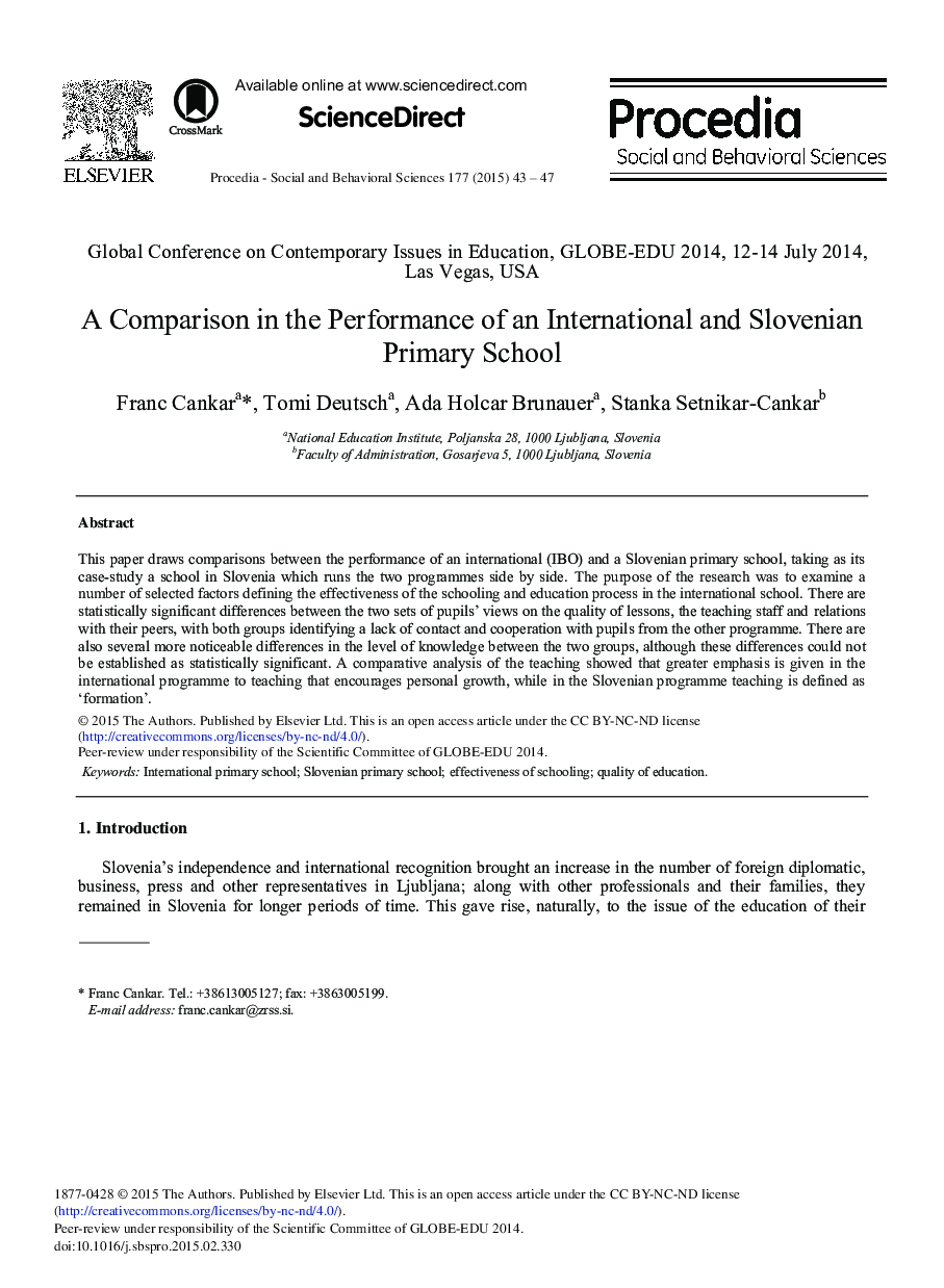 A Comparison in the Performance of an International and Slovenian Primary School 