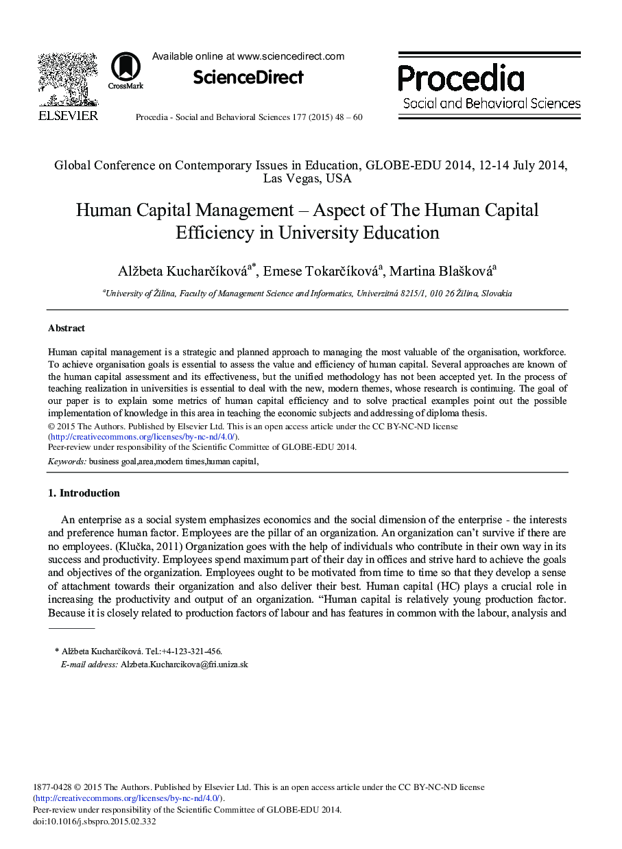 Human Capital Management – Aspect of the Human Capital Efficiency in University Education 