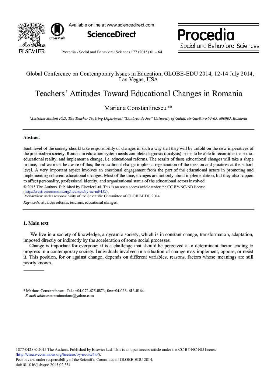 Teachers’ Attitudes toward Educational Changes in Romania 