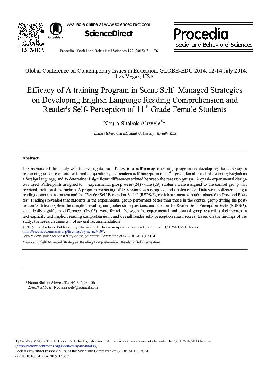 Efficacy of a Training Program in Some Self-Managed Strategies on Developing English Language Reading Comprehension and Reader's Self-Perception of 11th Grade Female Students 