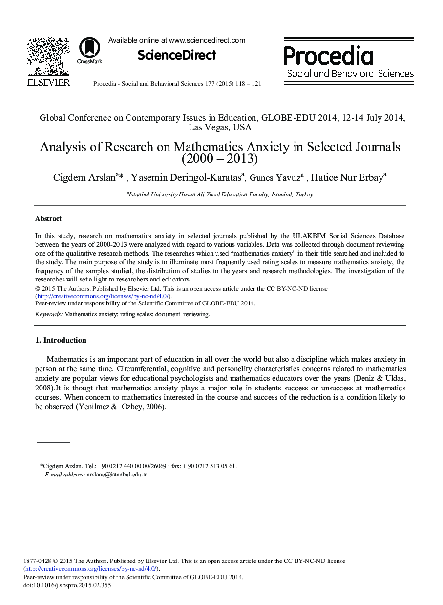 Analysis of Research on Mathematics Anxiety in Selected Journals (2000 – 2013) 