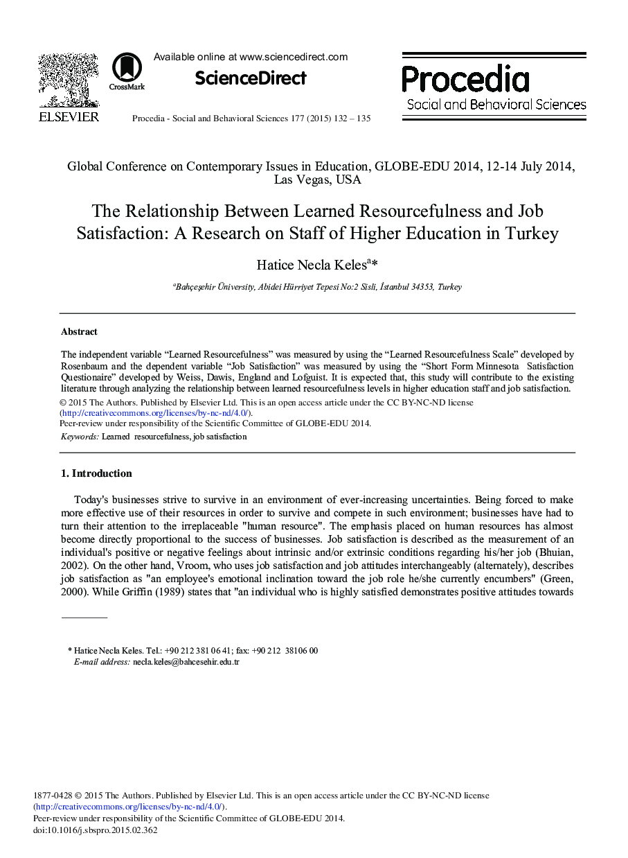 The Relationship Between Learned Resourcefulness and Job Satisfaction: A Research on Staff of Higher Education in Turkey 