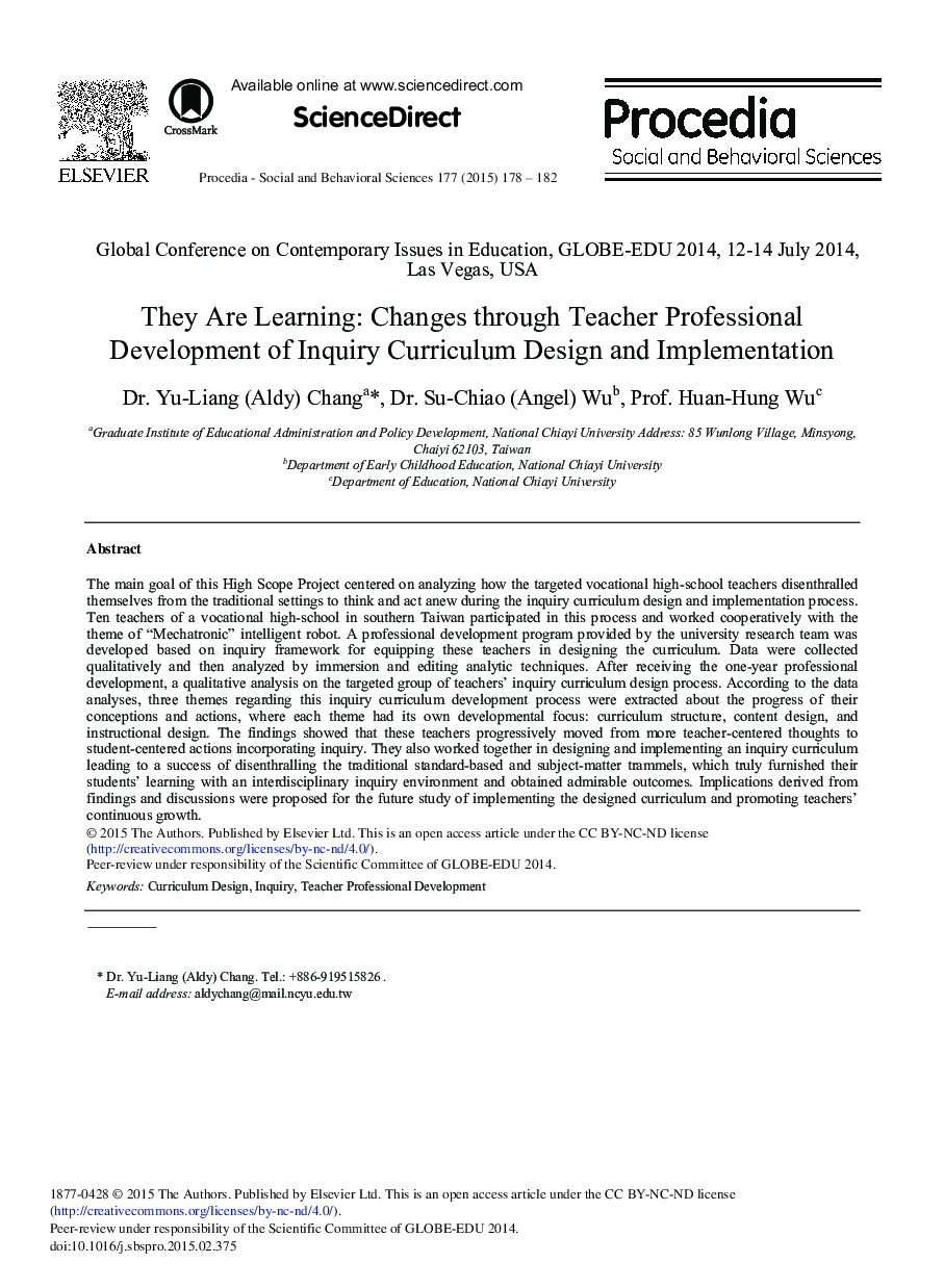 They are Learning: Changes through Teacher Professional Development of Inquiry Curriculum Design and Implementation 