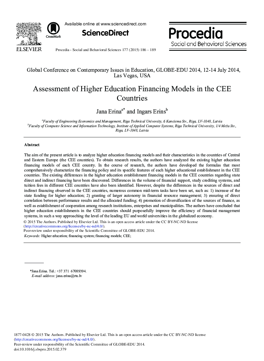 Assessment of Higher Education Financing Models in the CEE Countries 