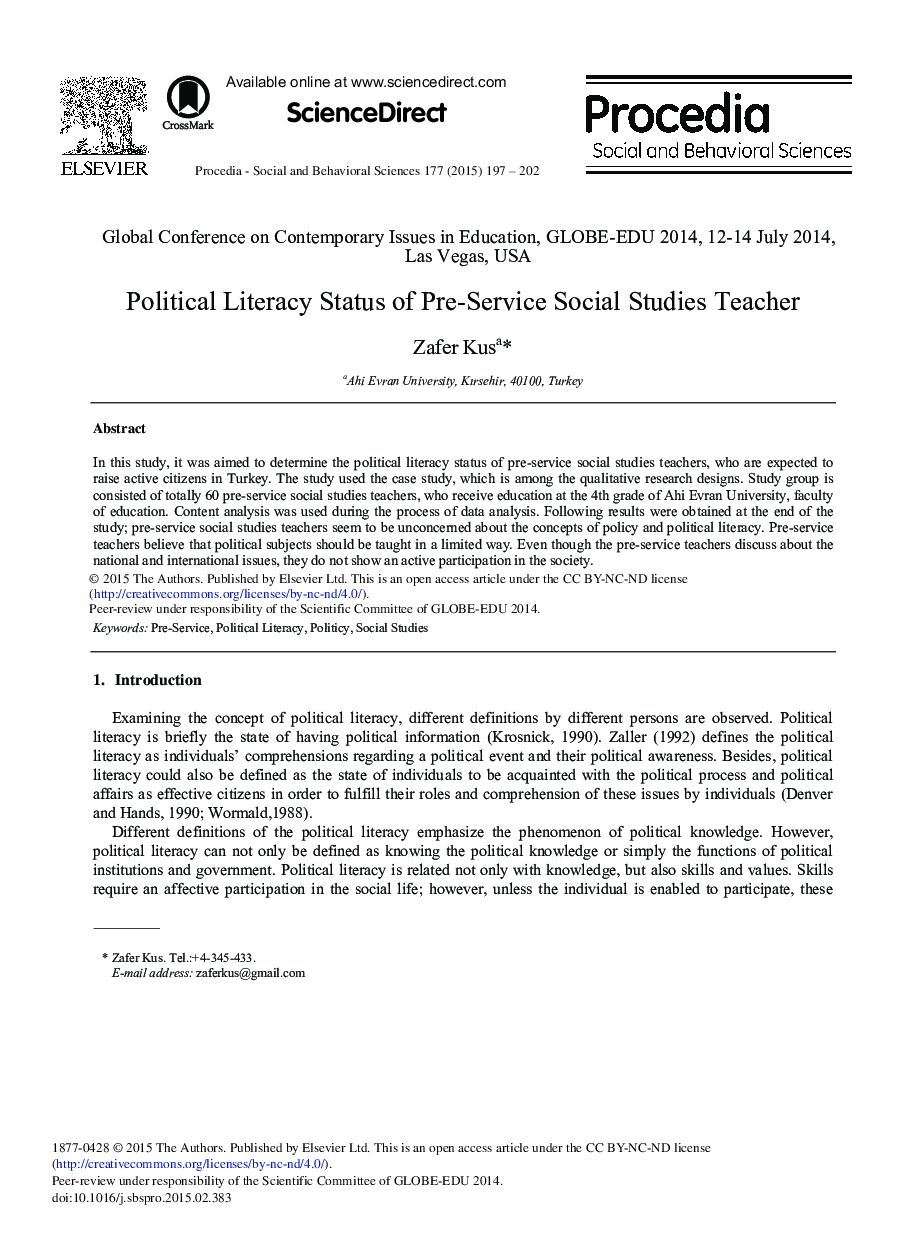 Political Literacy Status of Pre-Service Social Studies Teacher 