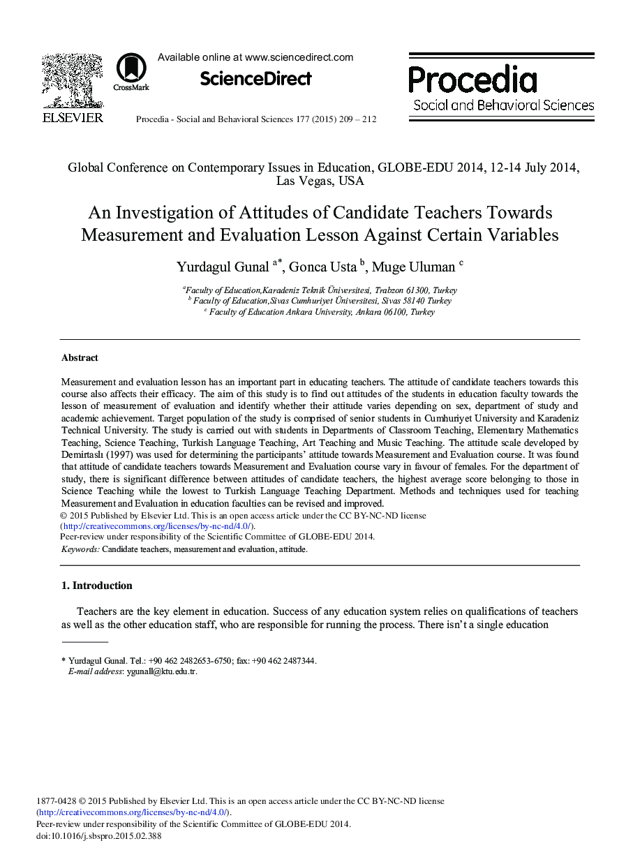 An Investigation of Attitudes of Candidate Teachers towards Measurement and Evaluation Lesson Against Certain Variables 