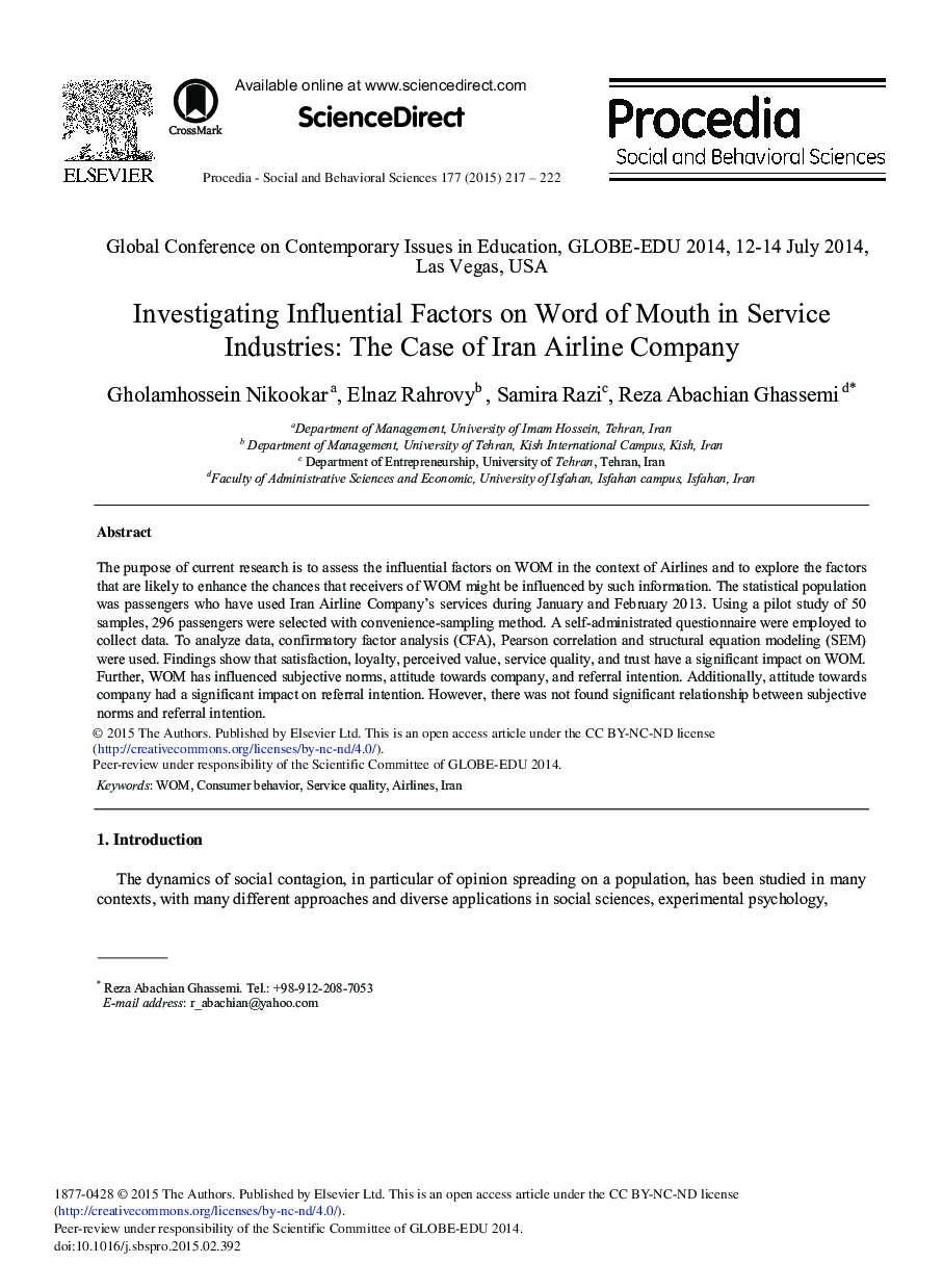 Investigating Influential Factors on Word of Mouth in Service Industries: The Case of Iran Airline Company 