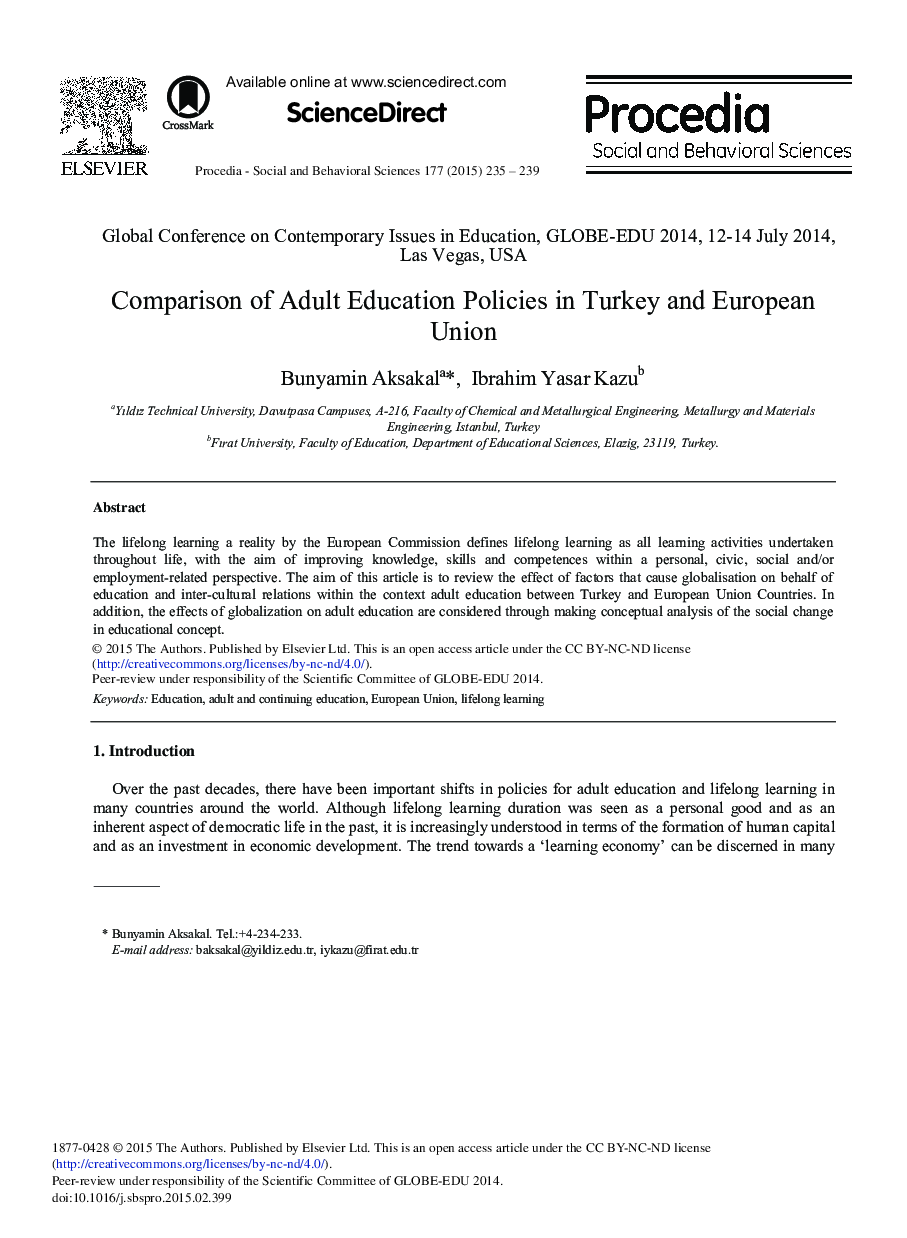 Comparison of Adult Education Policies in Turkey and European Union 