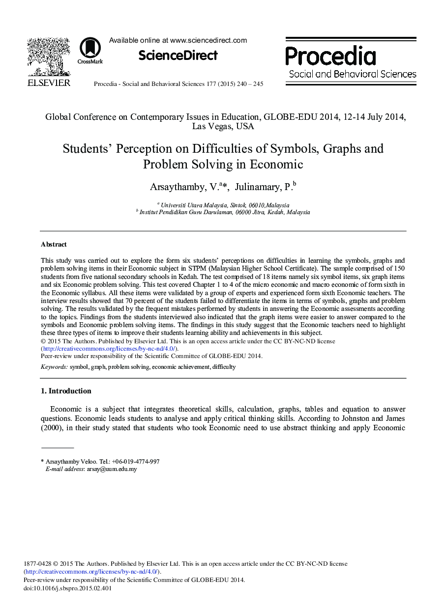 Students’ Perception on Difficulties of Symbols, Graphs and Problem Solving in Economic 