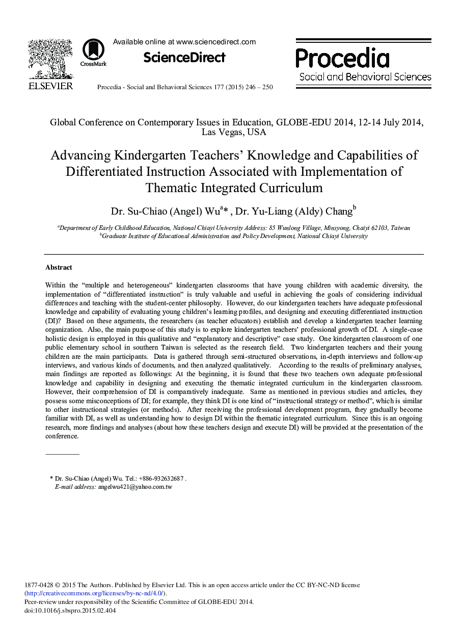 Advancing Kindergarten Teachers’ Knowledge and Capabilities of Differentiated Instruction Associated with Implementation of Thematic Integrated Curriculum 