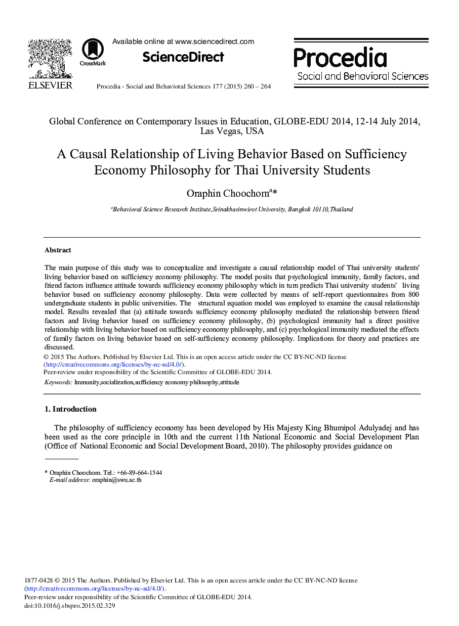 A Causal Relationship of Living Behavior Based on Sufficiency Economy Philosophy for Thai University Students 