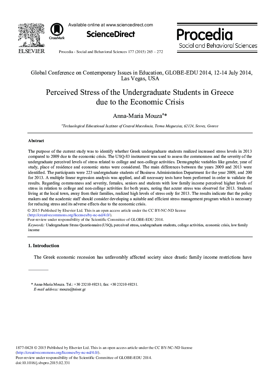 Perceived Stress of the Undergraduate Students in Greece Due to the Economic Crisis 