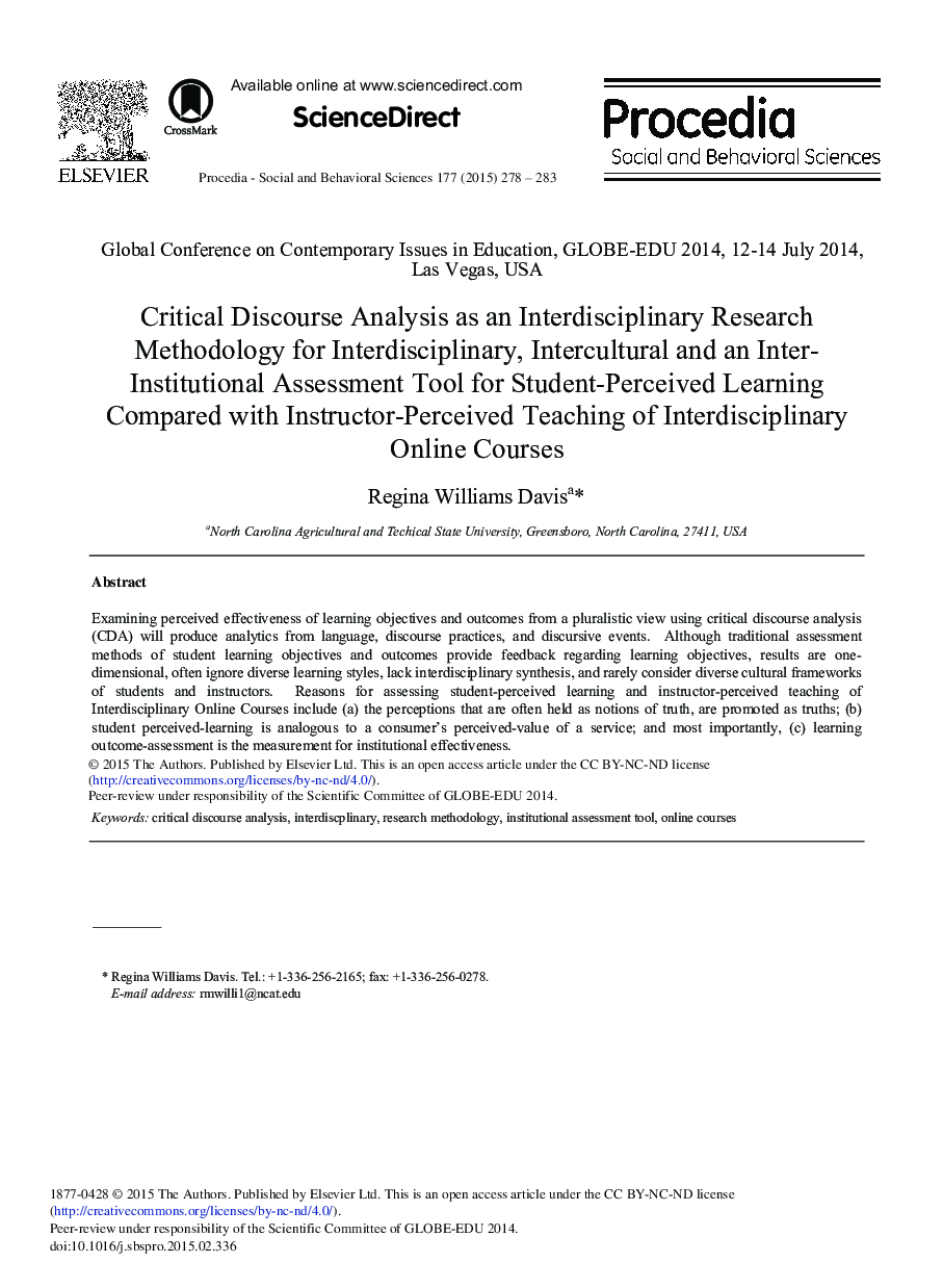 Critical Discourse Analysis as an Interdisciplinary Research Methodology for Interdisciplinary, Intercultural and an Inter-institutional Assessment Tool for Student-perceived Learning Compared with Instructor-perceived Teaching of Interdisciplinary Online