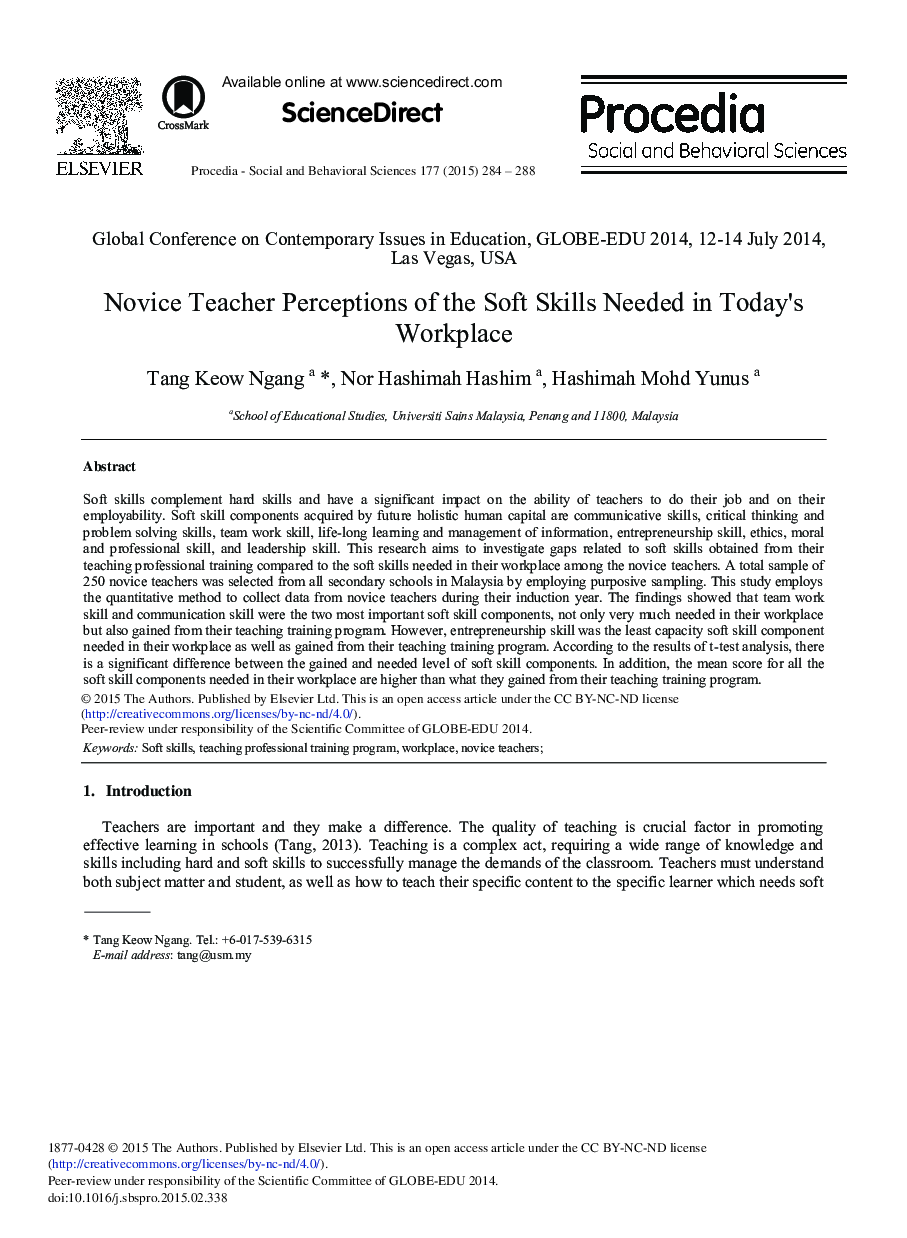 Novice Teacher Perceptions of the Soft Skills Needed in Today's Workplace 