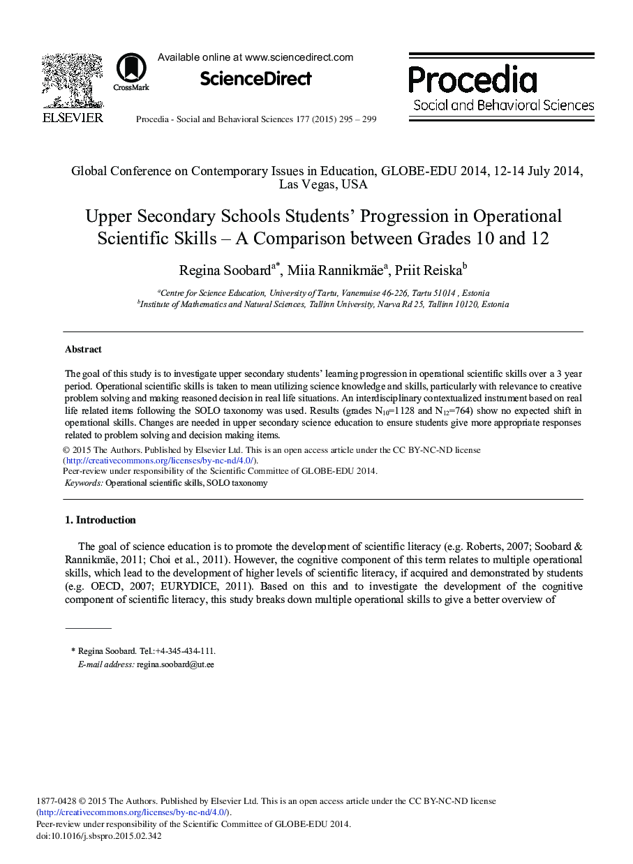 Upper Secondary Schools Students’ Progression in Operational Scientific Skills – A Comparison between Grades 10 and 12 