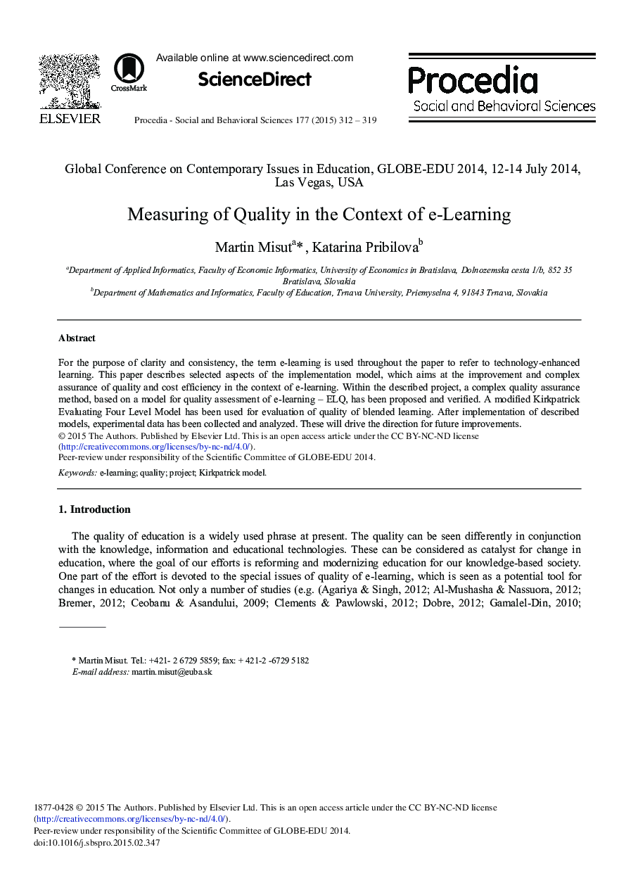 Measuring of Quality in the Context of e-Learning 