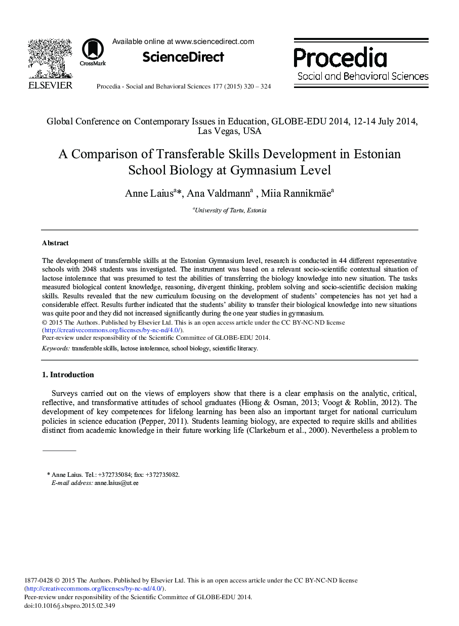 A Comparison of Transferable Skills Development in Estonian School Biology at Gymnasium Level 