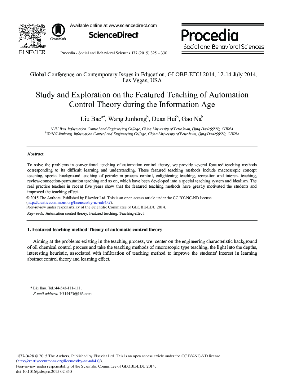 Study and Exploration on the Featured Teaching of Automation Control Theory during the Information Age 