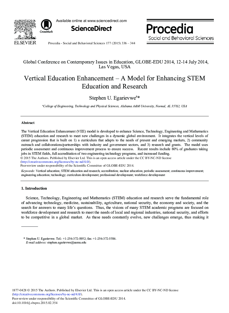 Vertical Education Enhancement – A Model for Enhancing STEM Education and Research 