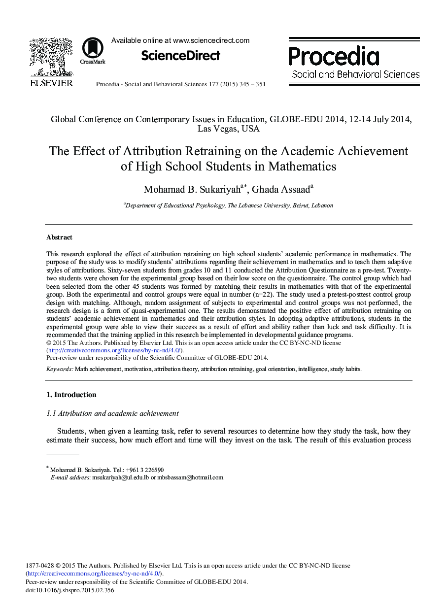 The Effect of Attribution Retraining on the Academic Achievement of High School Students in Mathematics 