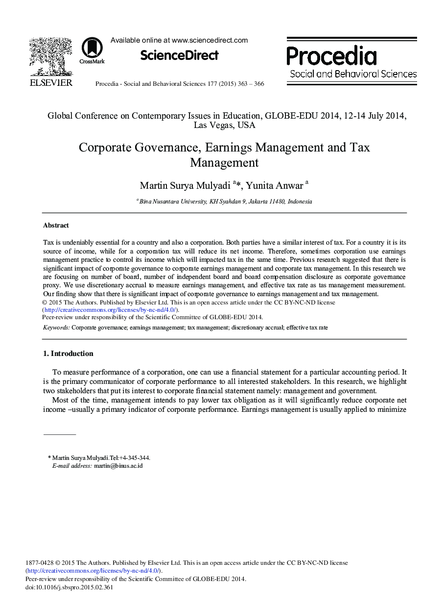 Corporate Governance, Earnings Management and Tax Management 