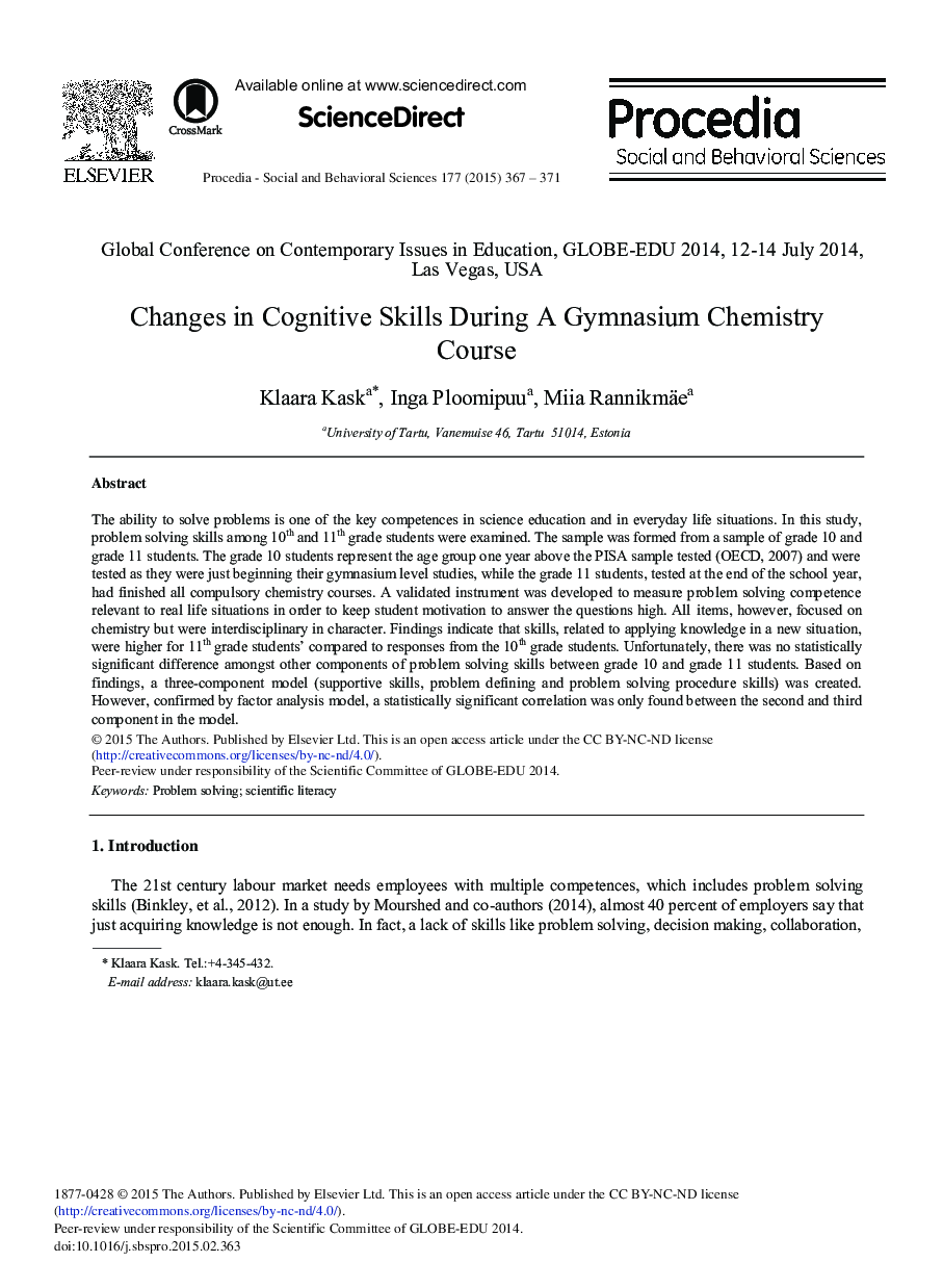 Changes in Cognitive Skills during a Gymnasium Chemistry Course 