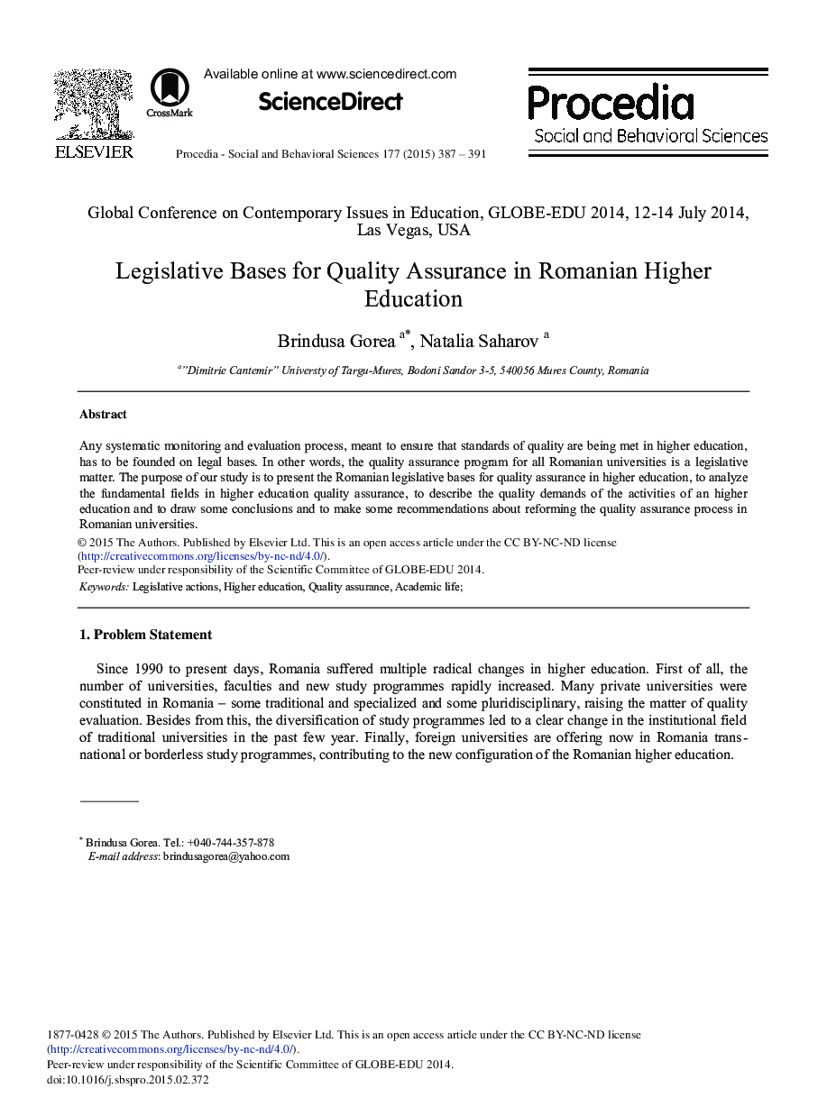 Legislative Bases for Quality Assurance in Romanian Higher Education 