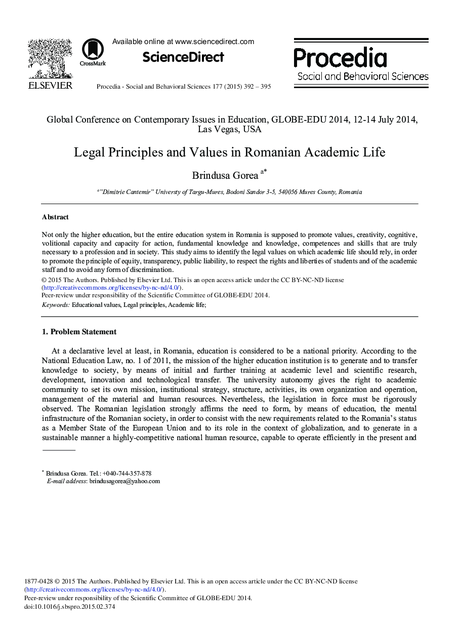 Legal Principles and Values in Romanian Academic Life 